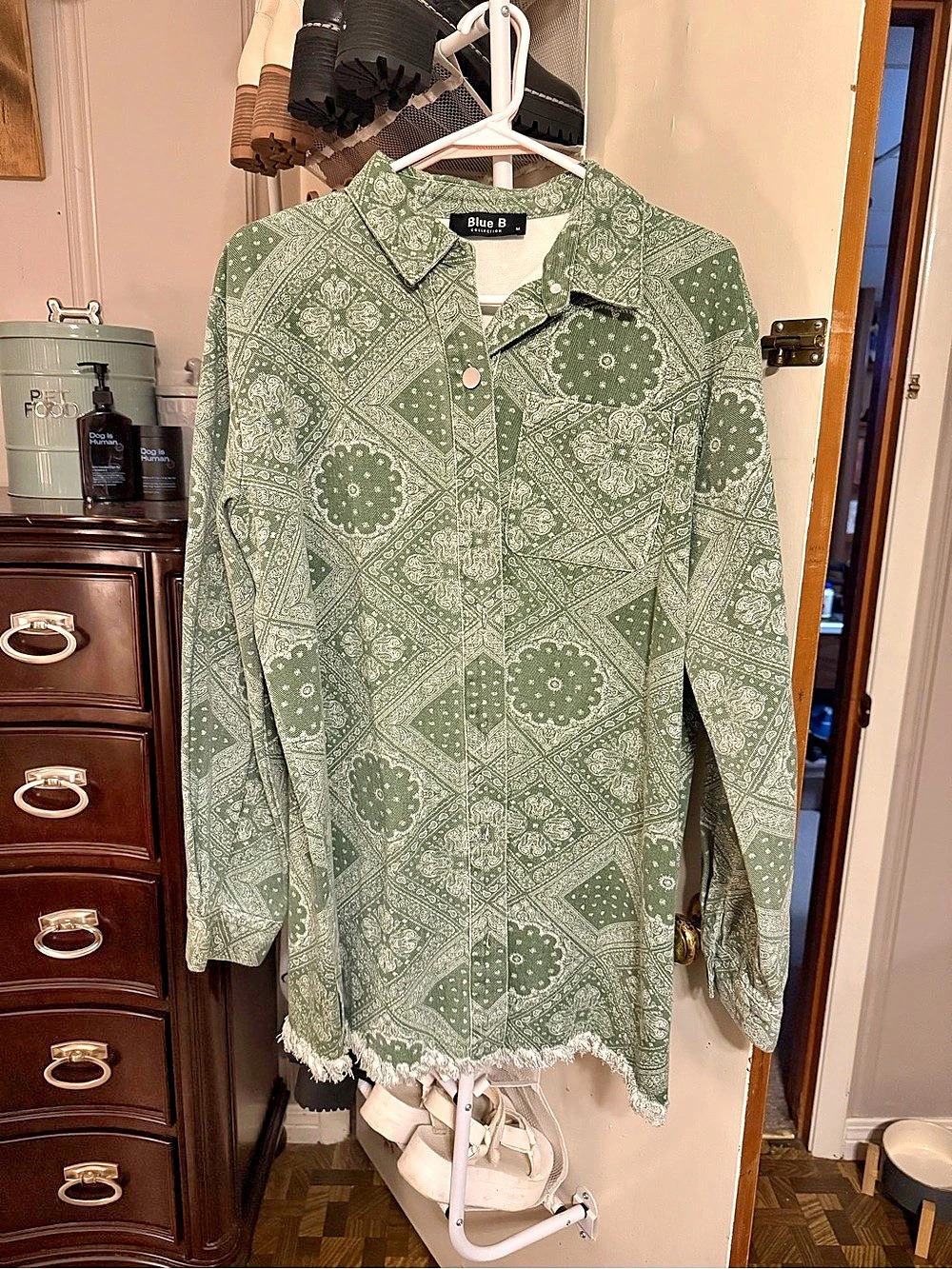 Denim Jacket Paisley Button Down Shirt in Green & White Size Small
